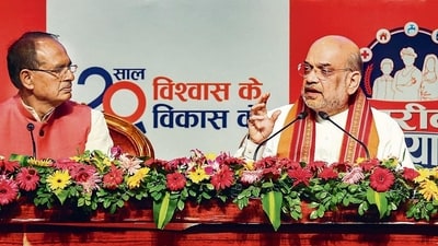Madhya Pradesh CM Shivraj Singh Chouhan and Union home minister Amit Shah at an event in Bhopal on Sunday. (PTI) Madhya Pradesh CM Shivraj Singh Chouhan and Union home minister Amit Shah at an event in Bhopal on Sunday. (PTI)