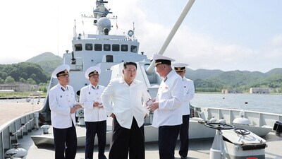 North Korean leader Kim Jong Un inspects the Guards 2nd Surface Ship Flotilla of the East Sea Fleet of the Navy of the Korean People's Army (KPA), (via REUTERS)