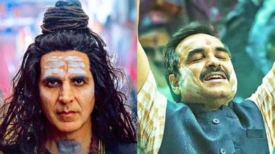 OMG 2 box office: Akshay Kumar and Pankaj Tripathi in stills from the film. OMG 2 box office: Akshay Kumar and Pankaj Tripathi in stills from the film.