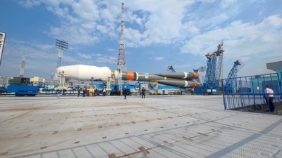 The Soyuz-2.1b rocket booster with the lunar landing spacecraft Luna-25 is rolled out onto the launchpad ahead of its upcoming launch at the Vostochny Cosmodrome in the Amur region, Russia, August 8 (Roscosmos via REUTERS)