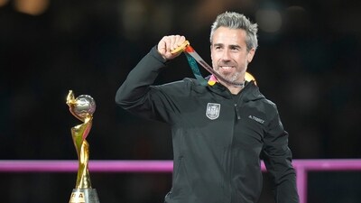 Spain's head coach Jorge Vilda shows his gold medal after winning the Women's World Cup final (AP) Spain's head coach Jorge Vilda shows his gold medal after winning the Women's World Cup final (AP)
