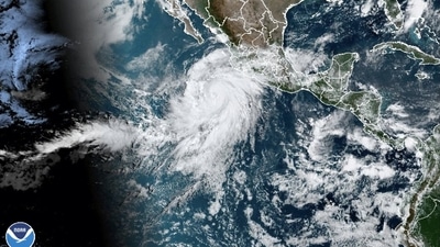 This satellite image shows Hurricane Hilary off the Pacific coast of Mexico. (NOAA via AP) (AP) This satellite image shows Hurricane Hilary off the Pacific coast of Mexico. (NOAA via AP) (AP)