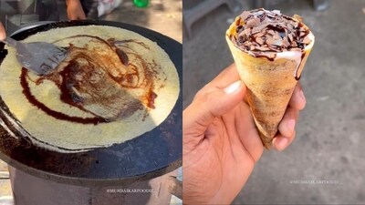 A street vendor adds unique fillings to dosa, including chocolate syrup and a scoop of ice cream. (Instagram/@mumbaikarfoodie__) A street vendor adds unique fillings to dosa, including chocolate syrup and a scoop of ice cream. (Instagram/@mumbaikarfoodie__)