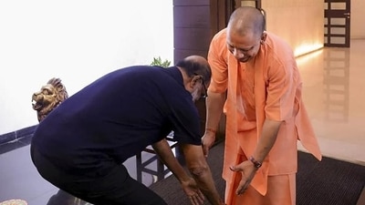 Actor Rajinikanth touches Uttar Pradesh chief minister Yogi Adityanath’s feet in Lucknow on Saturday. (PTI) Actor Rajinikanth touches Uttar Pradesh chief minister Yogi Adityanath’s feet in Lucknow on Saturday. (PTI)