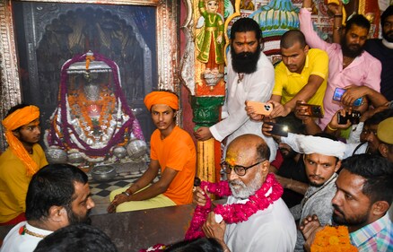 Rajinikanth spotted at Hanuman Garhi temple on Sunday. (PTI) Rajinikanth spotted at Hanuman Garhi temple on Sunday. (PTI)