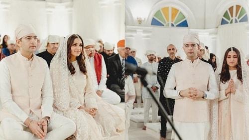 Parineeti Chopra and Raghav Chadha at their engagement in Delhi. Parineeti Chopra and Raghav Chadha at their engagement in Delhi.