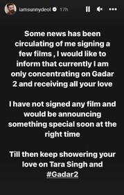 Sunny Deol's note on Instagram Stories. Sunny Deol's note on Instagram Stories.