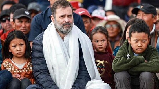 Congress leader Rahul Gandhi attends a prayer meeting to mark 79th birth anniversary of his father and former prime minister Rajiv Gandhi on the banks of Pangong Lake in Leh on Sunday. (AICC/Twitter )