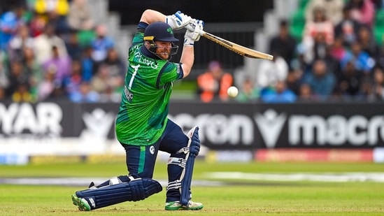 Ireland's captain Paul Stirling plays a shot during the 2nd T20I against India at The Village in Dublin on Sunday.(Ireland Cricket Twitter)