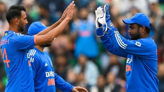 Prasidh Krishna and Sanju Samson celebrate a dismissal during the 2nd T20I against Ireland at The Village in Dublin on Sunday.&nbsp;(BCCI Twitter)