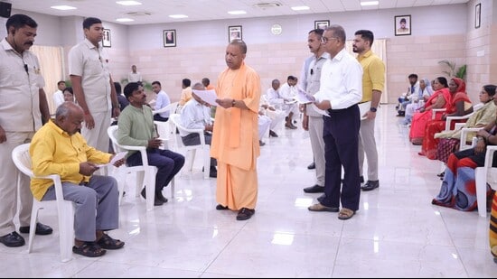 CM Yogi Adityanath meeting people at Janata Darshan in Lucknow. (HT)