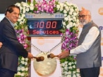 Mr. K V Kamath (Independent Director and Non-Executive Chairman, JFSL), Mr. Subhash S Mundra (Chairman, BSE),  at the Listing Ceremony of Jio Financial Services Limited on the Bombay Stock Exchange, in Mumbai, India, on Monday, August 21, 2023.  (Photo by Anshuman Poyrekar/ Hindustan Times)