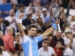 Novak Djokovic of Serbia celebrates his win over Carlos Alcaraz of Spain during the final of the Western & Southern Open at Lindner Family Tennis Center Novak Djokovic of Serbia celebrates his win over Carlos Alcaraz of Spain during the final of the Western & Southern Open at Lindner Family Tennis Center