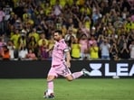 Inter Miami forward Lionel Messi (10) shoots the ball.