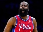 Philadelphia 76ers' James Harden reacts during Game 2 of an NBA basketball first-round playoff series Philadelphia 76ers' James Harden reacts during Game 2 of an NBA basketball first-round playoff series