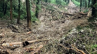 A view of an area devastated by heavy rains and floods in Himachal Pradesh, in Shimla on Sunday. (ANI) A view of an area devastated by heavy rains and floods in Himachal Pradesh, in Shimla on Sunday. (ANI)