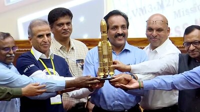 Indian Space Research Organisation (ISRO) Chairman S Somanath with others holds miniature model of rocket LVM3-M2 during a press conference after ISRO launched 36 communication satellites in its heaviest rocket from Satish Dhawan Space Centre (SDSC)-SHAR, in Sriharikota. (ANI) Indian Space Research Organisation (ISRO) Chairman S Somanath with others holds miniature model of rocket LVM3-M2 during a press conference after ISRO launched 36 communication satellites in its heaviest rocket from Satish Dhawan Space Centre (SDSC)-SHAR, in Sriharikota. (ANI)