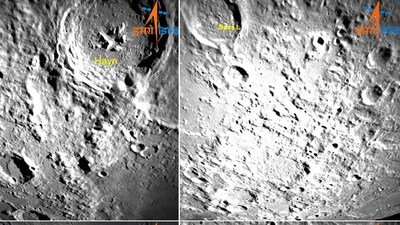 A combo photo of the Lunar far side area from the Chandrayaan-3 Mission captured by the Lander Hazard Detection and Avoidance Camera on Monday. (ISRO Twitter) A combo photo of the Lunar far side area from the Chandrayaan-3 Mission captured by the Lander Hazard Detection and Avoidance Camera on Monday. (ISRO Twitter)