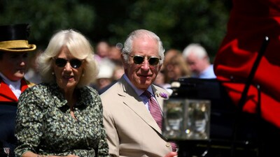 Britain's King Charles III and Queen Camilla arrive by horse drawn carriage for a visit to the Sandringham Flower Show. (AP) Britain's King Charles III and Queen Camilla arrive by horse drawn carriage for a visit to the Sandringham Flower Show. (AP)