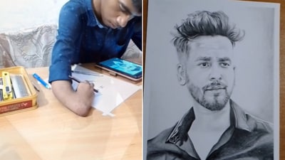 The image shows a sketch of Elvish Yadav by a specially-abled artist. (Instagram/@pardeepkumar_arts) The image shows a sketch of Elvish Yadav by a specially-abled artist. (Instagram/@pardeepkumar_arts)
