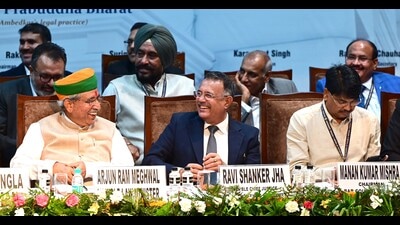 From left: Bar council chairman Ashok Singla, Union minister of state (independent charge) for law & justice Arjun Ram Meghwal (centre), Punjab and Haryana high court chief justice Ravi Shanker Jha during the National Law Conference in Chandigarh on Monday. (Keshav Singh/HT)