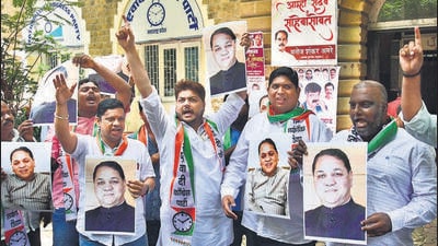 Mumbai, India – Aug 21, 2023: Nationalist youth congress (NCP) activists protest against Dilip Walse Patil's Controversial Statement, outside the NCP office, Ballard Pier, in Mumbai, India, on Monday, Aug 21, 2023. (Photo by Bhushan Koyande/HT Photo) Mumbai, India – Aug 21, 2023: Nationalist youth congress (NCP) activists protest against Dilip Walse Patil's Controversial Statement, outside the NCP office, Ballard Pier, in Mumbai, India, on Monday, Aug 21, 2023. (Photo by Bhushan Koyande/HT Photo)