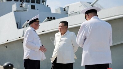 North Korean leader Kim Jong Un inspects the Guards 2nd Surface Ship Flotilla of the East Sea Fleet of the Navy of the Korean People's Army (KPA). (via REUTERS)