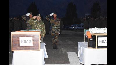 The Leh-based Fire and Fury Corps on Monday paid last respects to the nine bravehearts at a solemn wreath-laying ceremony. (HT Photo) The Leh-based Fire and Fury Corps on Monday paid last respects to the nine bravehearts at a solemn wreath-laying ceremony. (HT Photo)
