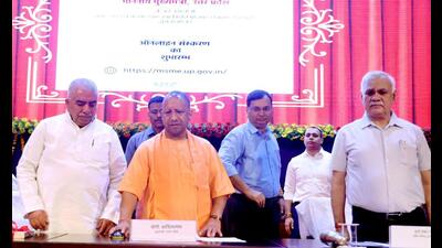 U.P. chief minister Yogi Adityanath during the launch of micro entrepreneur accident insurance scheme in Lucknow. (Deepak Gupta/HT)