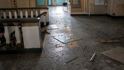 Russia-Ukraine War: Broken glass and debris in a damaged hall of a railway station. (Reuters)