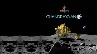 Chandrayaan-3: Animated representation of Vikram Lander's successful soft landing on the Moon's surface.