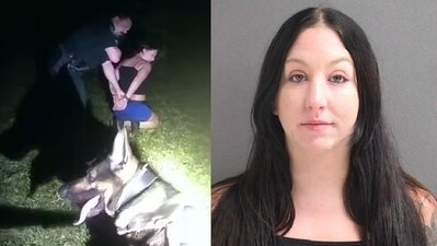 Veronica Cline is arrested with a little help from a K-9 (Source: Volusia Sheriff’s Office) Veronica Cline is arrested with a little help from a K-9 (Source: Volusia Sheriff’s Office)