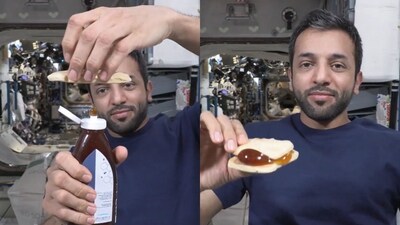 Sultan Al Neyadi making a honey sandwich in space. (Twitter/@Astro_Alneyadi) Sultan Al Neyadi making a honey sandwich in space. (Twitter/@Astro_Alneyadi)