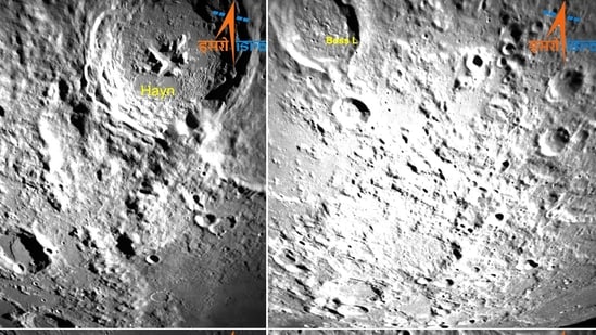A combo photo of the Lunar far side area from the Chandrayaan-3 Mission captured by the Lander Hazard Detection and Avoidance Camera on Monday. (ISRO Twitter)