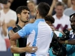 Carlos Alcaraz of Spain congratulates Novak Djokovic of Serbia after their match during the final of the Western & Southern Open at Lindner Family Tennis Center on August 20 Carlos Alcaraz of Spain congratulates Novak Djokovic of Serbia after their match during the final of the Western & Southern Open at Lindner Family Tennis Center on August 20