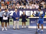Novak Djokovic of Serbia addresses the audience after defeating Carlos Alcaraz of Spain during the final of the Western & Southern Open at Lindner Family Tennis Center on August 20 Novak Djokovic of Serbia addresses the audience after defeating Carlos Alcaraz of Spain during the final of the Western & Southern Open at Lindner Family Tennis Center on August 20