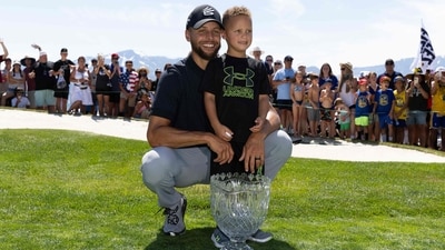 Stephen Curry of the NBA Golden State Warriors poses with his son after winning the championship on Day Three of the 2023 American Century Championship at Edgewood Tahoe Golf Course in July (AFP) Stephen Curry of the NBA Golden State Warriors poses with his son after winning the championship on Day Three of the 2023 American Century Championship at Edgewood Tahoe Golf Course in July (AFP)
