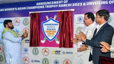 Jharkhand Sports Minister Hafizul Hasan unveils the logo of the Jharkhand Women's Asian Champions Trophy 2023 in the presence of Hockey India President Dr. Dilip Tirkey, in Ranchi on Tuesday (ANI) Jharkhand Sports Minister Hafizul Hasan unveils the logo of the Jharkhand Women's Asian Champions Trophy 2023 in the presence of Hockey India President Dr. Dilip Tirkey, in Ranchi on Tuesday (ANI)
