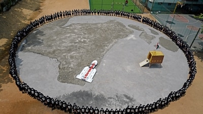 Students form a human chain around the replica of the Chandrayaan-3 spacecraft which is set to land on the moon on 23rd August, in Chennai on Tuesday. (ANI) Students form a human chain around the replica of the Chandrayaan-3 spacecraft which is set to land on the moon on 23rd August, in Chennai on Tuesday. (ANI)