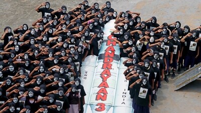 Students with their faces painted pose for a picture on Chandrayaan-3, which is about to land on the moon on 23rd August, in Chennai on Tuesday. (ANI Photo) Students with their faces painted pose for a picture on Chandrayaan-3, which is about to land on the moon on 23rd August, in Chennai on Tuesday. (ANI Photo)