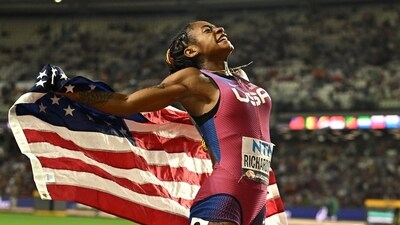 World Athletics Championship - Women's 100m Final - Sha'carri Richardson of the U.S. celebrates winning gold (REUTERS)