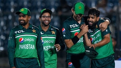 Pakistan's Haris Rauf (R) celebrates with teammates at the end of the first one-day international (ODI) cricket match between Pakistan and Afghanistan at the Mahinda Rajapaksa International Cricket Stadium (AFP) Pakistan's Haris Rauf (R) celebrates with teammates at the end of the first one-day international (ODI) cricket match between Pakistan and Afghanistan at the Mahinda Rajapaksa International Cricket Stadium (AFP)