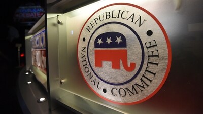 FILE - The Republican National Committee logo is shown on the stage as crew members work at the North Charleston Coliseum, Jan. 13, 2016, in North Charleston, S.C. With less than a month to go until the first 2024 Republican presidential debate, seven candidates say they have met the qualifications for a podium slot. But that also means that about half of the broad GOP field is running short on time to make the stage. (AP Photo/Rainier Ehrhardt, File) (AP) FILE - The Republican National Committee logo is shown on the stage as crew members work at the North Charleston Coliseum, Jan. 13, 2016, in North Charleston, S.C. With less than a month to go until the first 2024 Republican presidential debate, seven candidates say they have met the qualifications for a podium slot. But that also means that about half of the broad GOP field is running short on time to make the stage. (AP Photo/Rainier Ehrhardt, File) (AP)