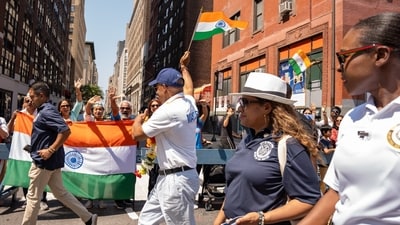New York City mayor Eric Adams(in blue cap) attended at the 41st India Day Parade. Here he is seen holding the Indian National Flag and greeting the Indian diaspora. (Twitter/@BPolatseck) New York City mayor Eric Adams(in blue cap) attended at the 41st India Day Parade. Here he is seen holding the Indian National Flag and greeting the Indian diaspora. (Twitter/@BPolatseck)