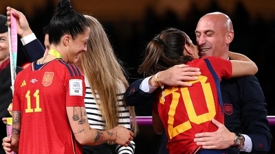 Spain's defender #20 Rocio Galvez is congratuled by President of the Royal Spanish Football Federation Luis Rubiales (R) next to Spain's Jennifer Hermoso #10 after winning the Australia and New Zealand 2023 Women's World Cup (AFP) Spain's defender #20 Rocio Galvez is congratuled by President of the Royal Spanish Football Federation Luis Rubiales (R) next to Spain's Jennifer Hermoso #10 after winning the Australia and New Zealand 2023 Women's World Cup (AFP)