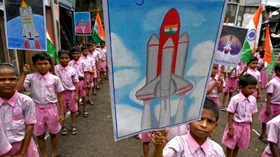 Students hold posters as they gather in support of the Chandrayaan-3 spacecraft in Mumbai on Tuesday. (AFP) Students hold posters as they gather in support of the Chandrayaan-3 spacecraft in Mumbai on Tuesday. (AFP)