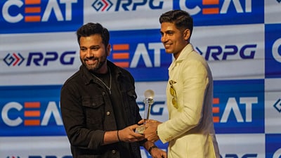 Shubman Gill receives the International Batter of the Year award from India captain Rohit Sharma (PTI) Shubman Gill receives the International Batter of the Year award from India captain Rohit Sharma (PTI)