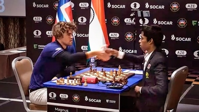 Indian Grandmaster R Praggnanandhaa and Norway's Grandmaster and World No. 1 player Magnus Carlsen during the first game of the final match of the Chess World Cup 2023 (PTI) Indian Grandmaster R Praggnanandhaa and Norway's Grandmaster and World No. 1 player Magnus Carlsen during the first game of the final match of the Chess World Cup 2023 (PTI)