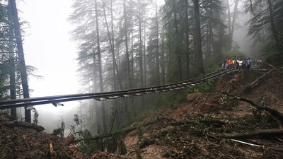 A portion of the Shimla-Kalka heritage railway track that got washed away following heavy rainfall on the outskirts of Shimla, Himachal Pradesh. (AP)