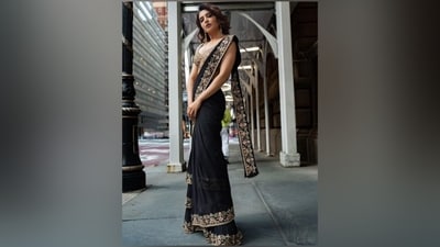 Celebrity stylists Selvi Thangaraj and Pallavi Singh styled Samantha in the ensemble. The black hand-embroidered net saree features diamond-shaped gem embellishments on the border and sequin work. Lastly, the multi-thread floral embroidery in gold, pink, green and orange hues adds a spring touch to the ensemble. (Instagram) Celebrity stylists Selvi Thangaraj and Pallavi Singh styled Samantha in the ensemble. The black hand-embroidered net saree features diamond-shaped gem embellishments on the border and sequin work. Lastly, the multi-thread floral embroidery in gold, pink, green and orange hues adds a spring touch to the ensemble. (Instagram)